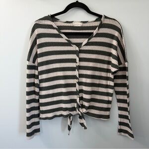 Altar'd State Green & White Striped Tie Front Button-Up Knit Cardigan Medium